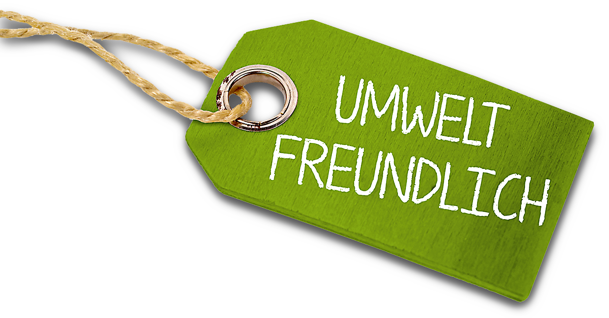 Aufmerksamkeitsgrafik, Bild zeigt eine Anhängerplakette mit dem Text "umweltfreundlich"