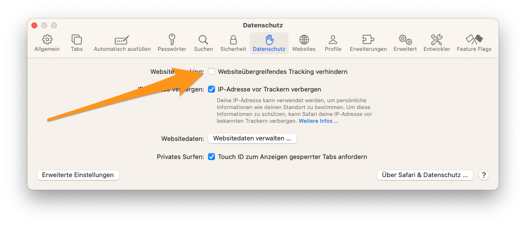 Bildschirmfoto von einem Apple-Computer zu den Safari-Einstellungen