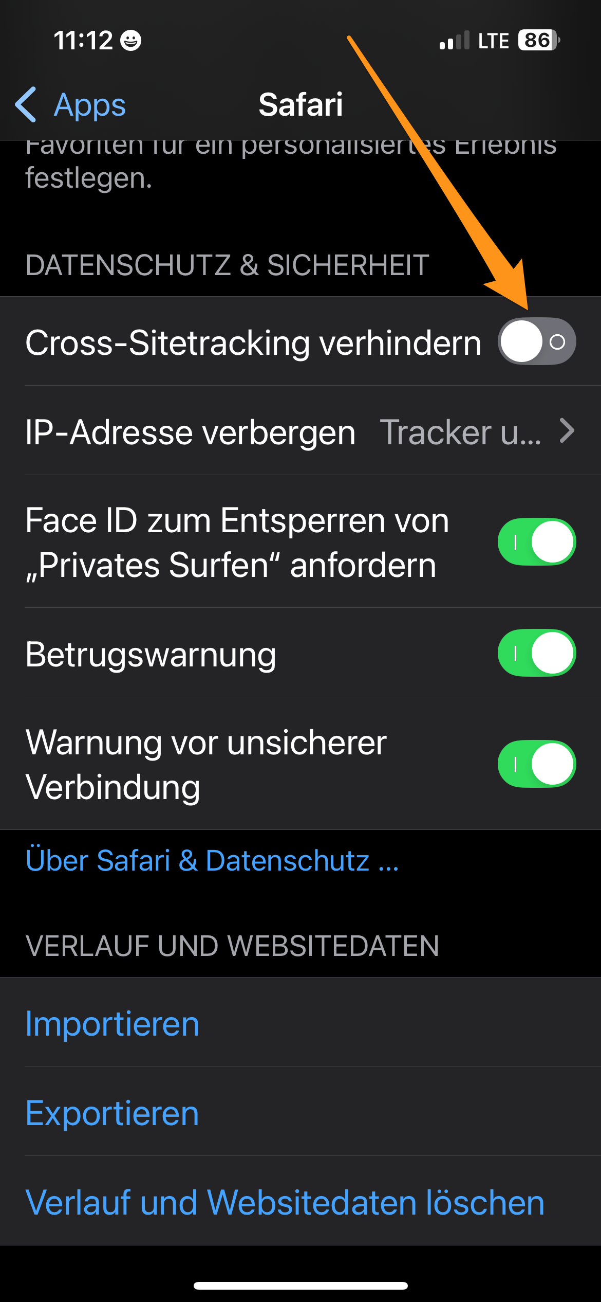 Bildschirmfoto vom iPhone zu den Safari-Einstellungen