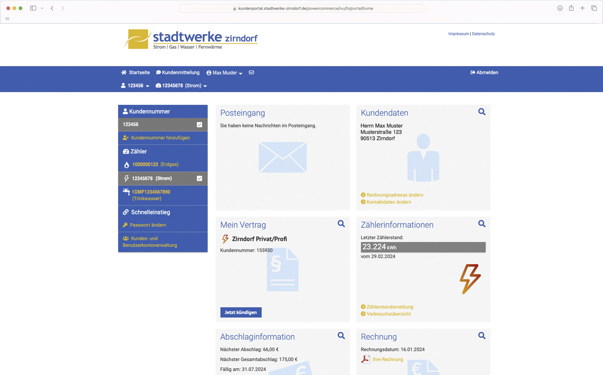 Bildschirmaufnahme des Kundenportals für Kunden der Stadtwerke Zirndorf